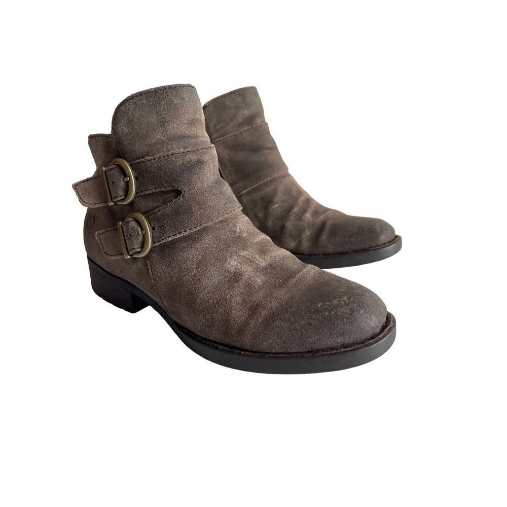 BORN Size 6M Brown Suede Leather Side Zip Double Buckle Round Toe Ankle Booties - Picture 2 of 9